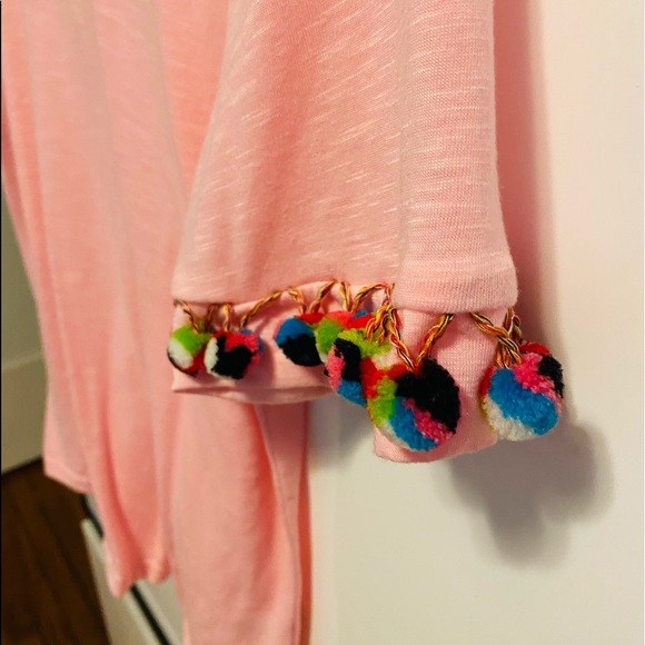 Shein Pink Pom Pom Trimmed Sleeve Tee Shirt - Picture 4 of 15